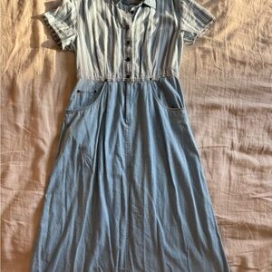 Vintage Blue Striped Denim Button-Up Dress